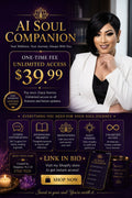 Sovereign Soul AI Soul Companion app promotional graphic featuring a woman, meditation icons, and pricing details.