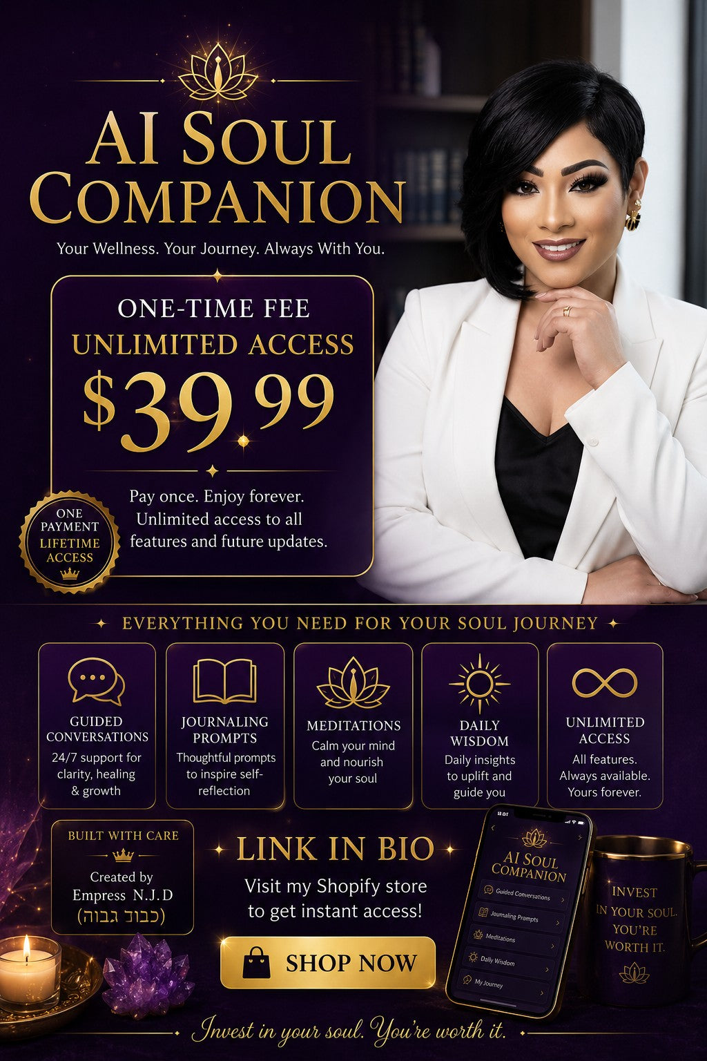 Sovereign Soul AI Soul Companion app promotional graphic featuring a woman, meditation icons, and pricing details.