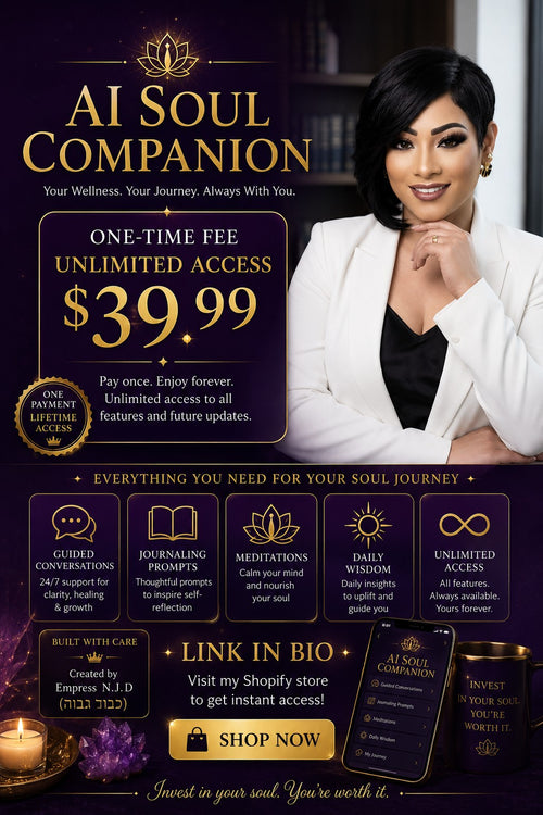 Sovereign Soul AI Soul Companion app promotional graphic featuring a woman, meditation icons, and pricing details.