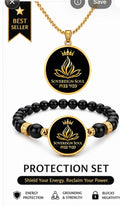 Sovereign Soul .Store black obsidian bead necklace and bracelet set with gold crown and flame emblem pendants