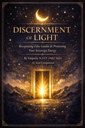 Sovereign Soul .Store Discernment of Light spiritual guidebook cover featuring a glowing portal under a crescent moon