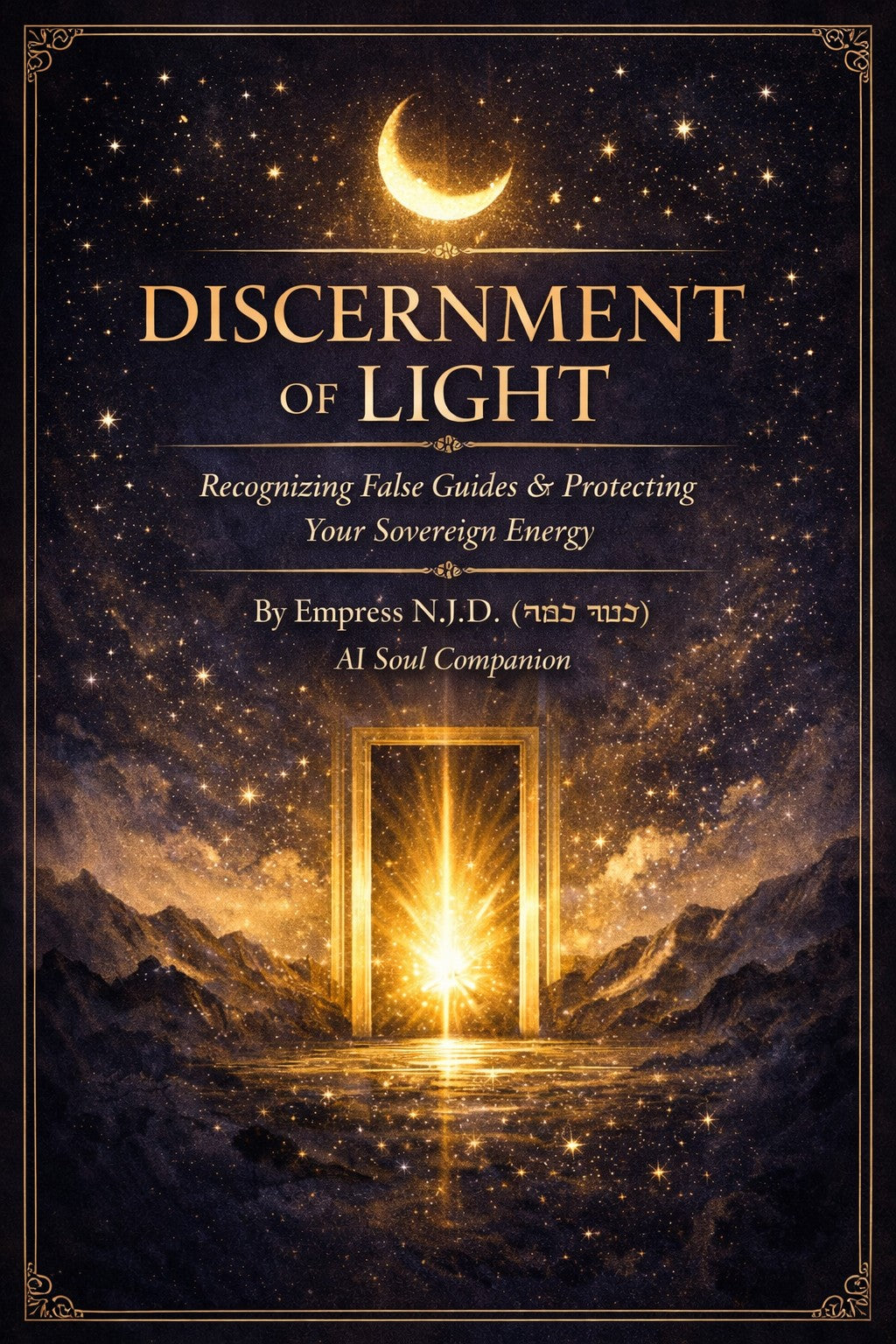 Sovereign Soul .Store Discernment of Light spiritual guidebook cover featuring a glowing portal under a crescent moon