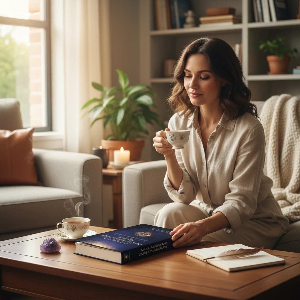 Sovereign Soul .Store Empath's Energy Protection Guide Book on a coffee table with a woman drinking tea in a cozy room.