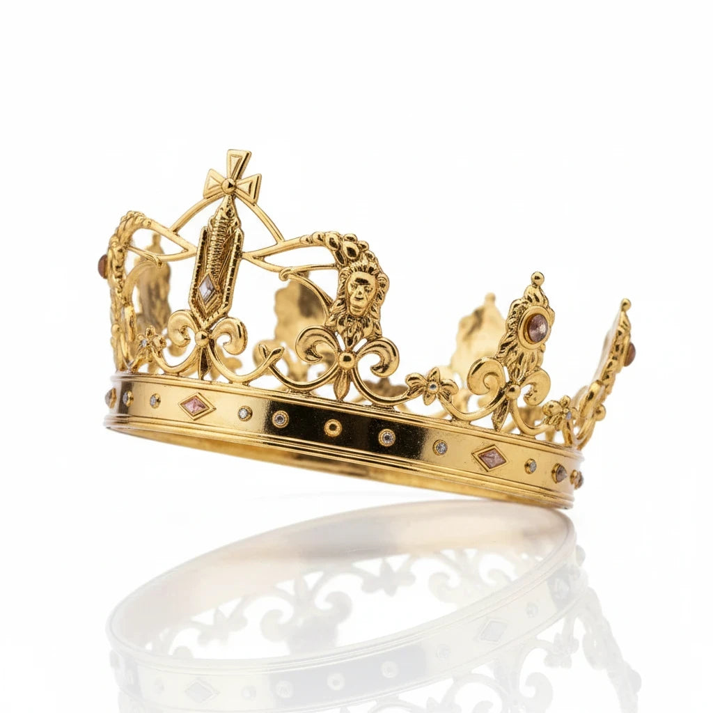 Sovereign Soul .Store gold crown featuring intricate lion and fleur-de-lis engravings with small embedded crystals.