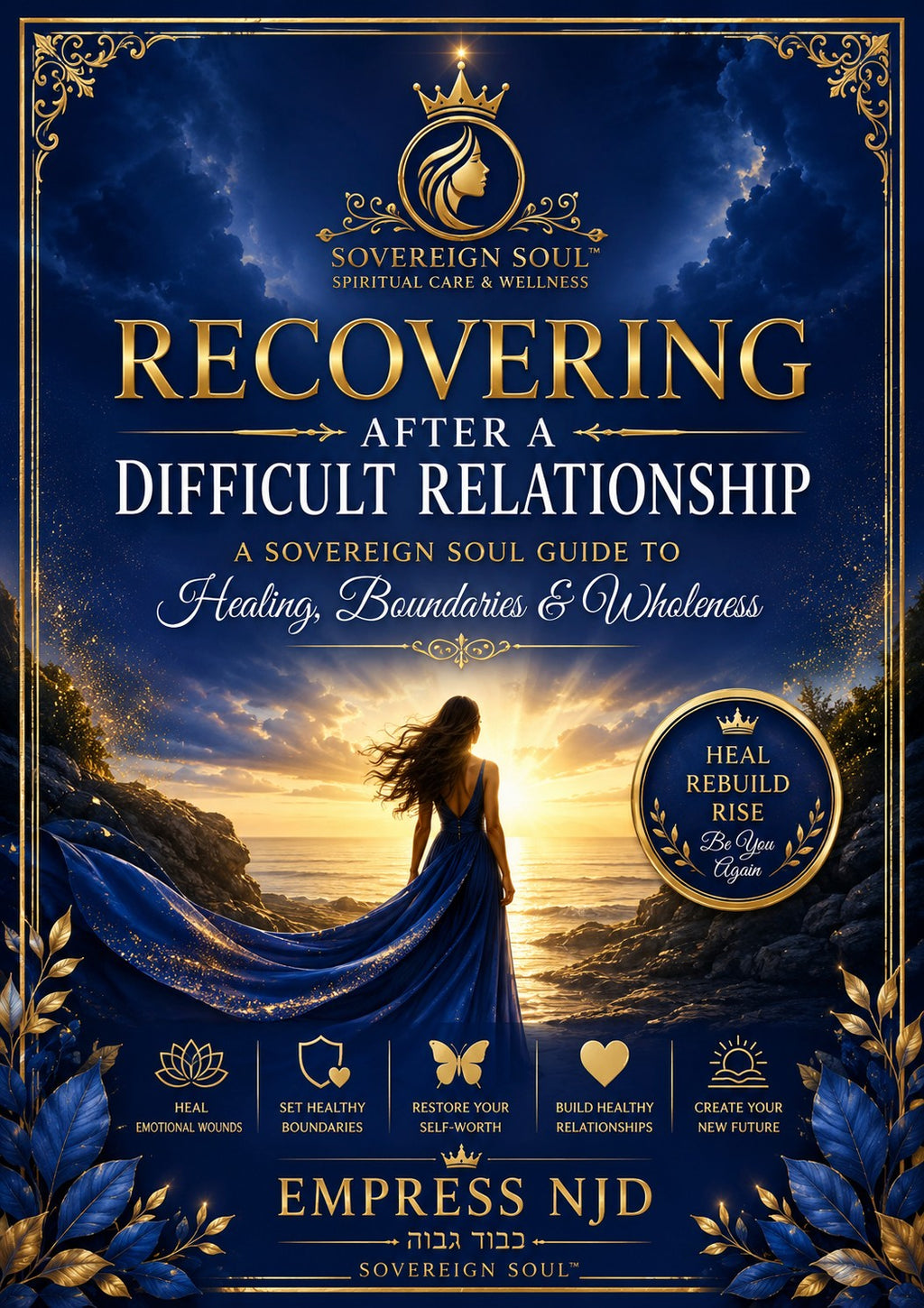 Sovereign Soul .Store digital healing workbook cover featuring a woman in a blue gown overlooking a sunset ocean.