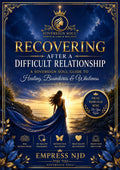 Sovereign Soul .Store digital healing workbook cover featuring a woman in a blue gown overlooking a sunset ocean.