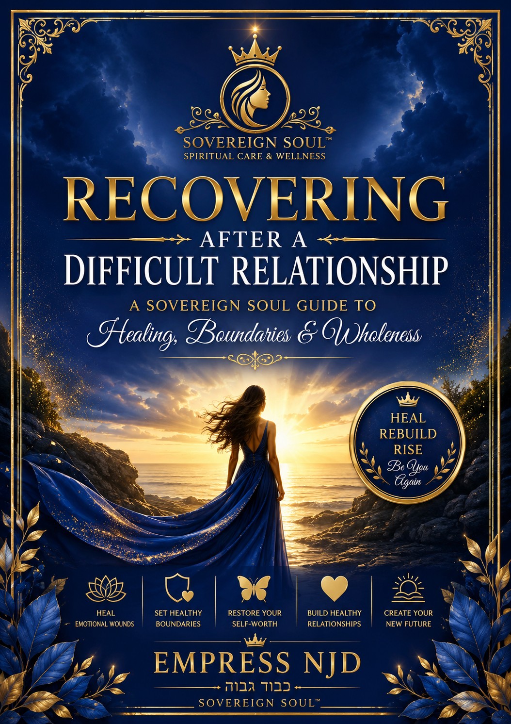 Sovereign Soul .Store digital healing workbook cover featuring a woman in a blue gown overlooking a sunset ocean.