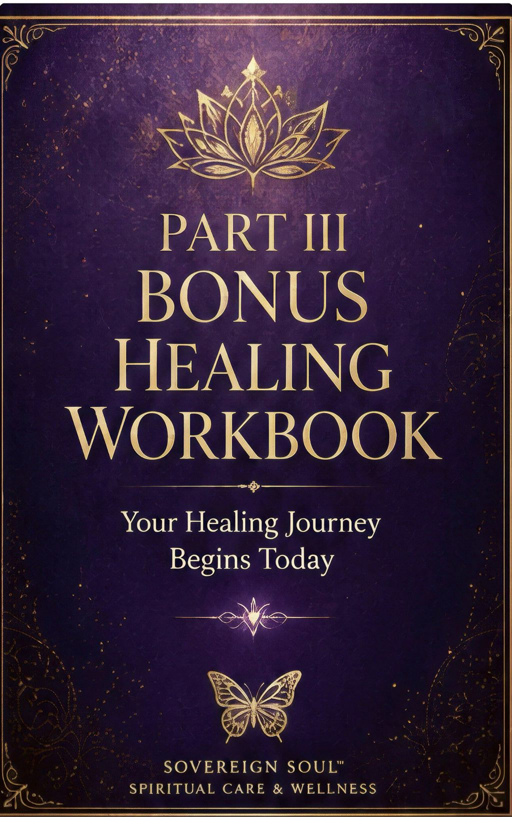 Sovereign Soul .Store digital healing workbook cover with purple background, gold lotus, and butterfly illustrations.