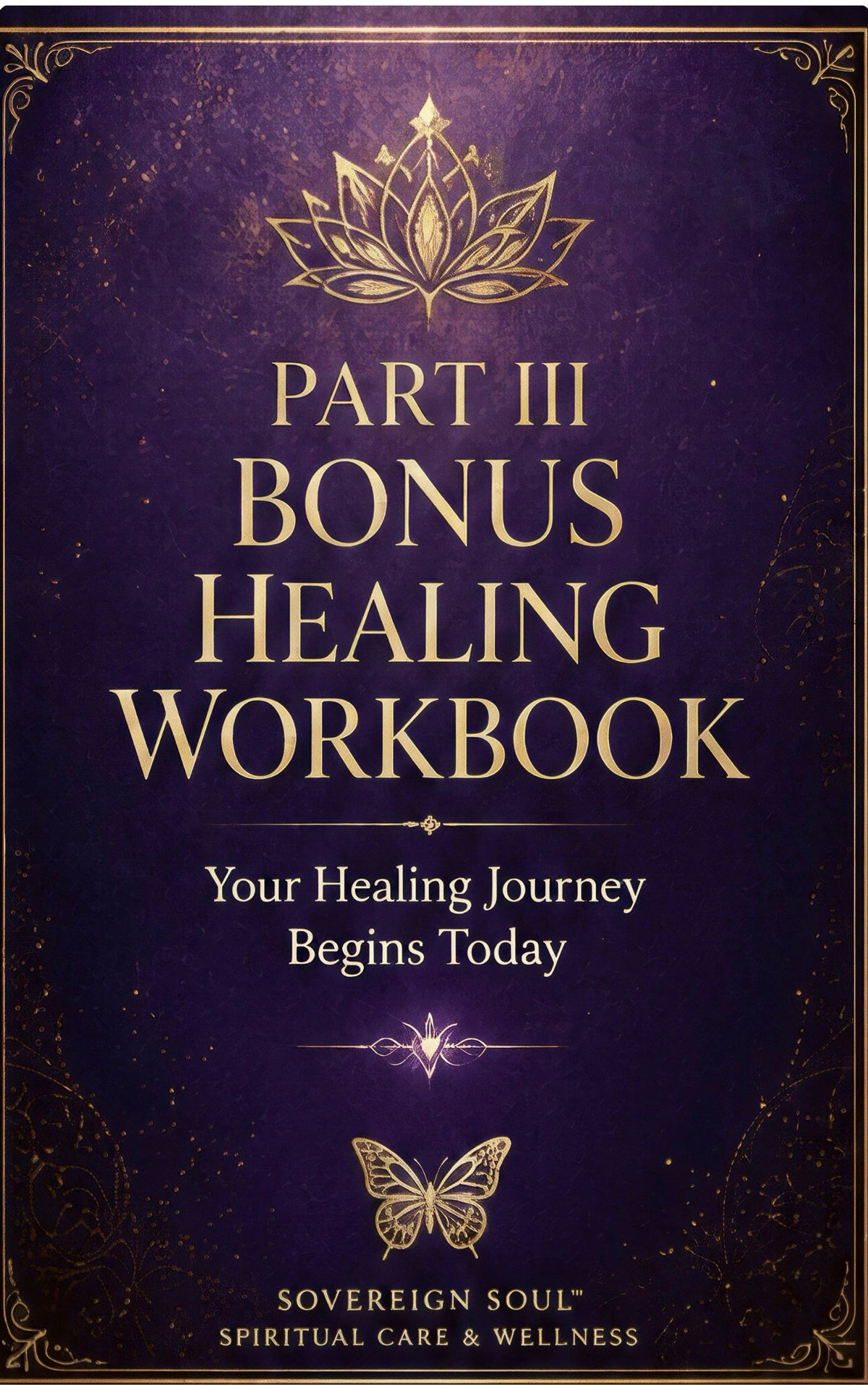 Sovereign Soul .Store digital healing workbook cover with purple background, gold lotus, and butterfly illustrations.