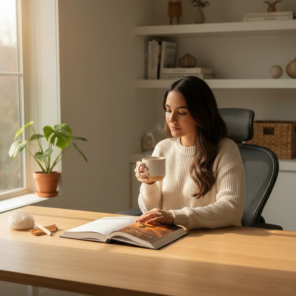 Woman reading the Sovereign Soul .Store Sacral Sovereignty guide with a warm drink at a sunlit wooden desk