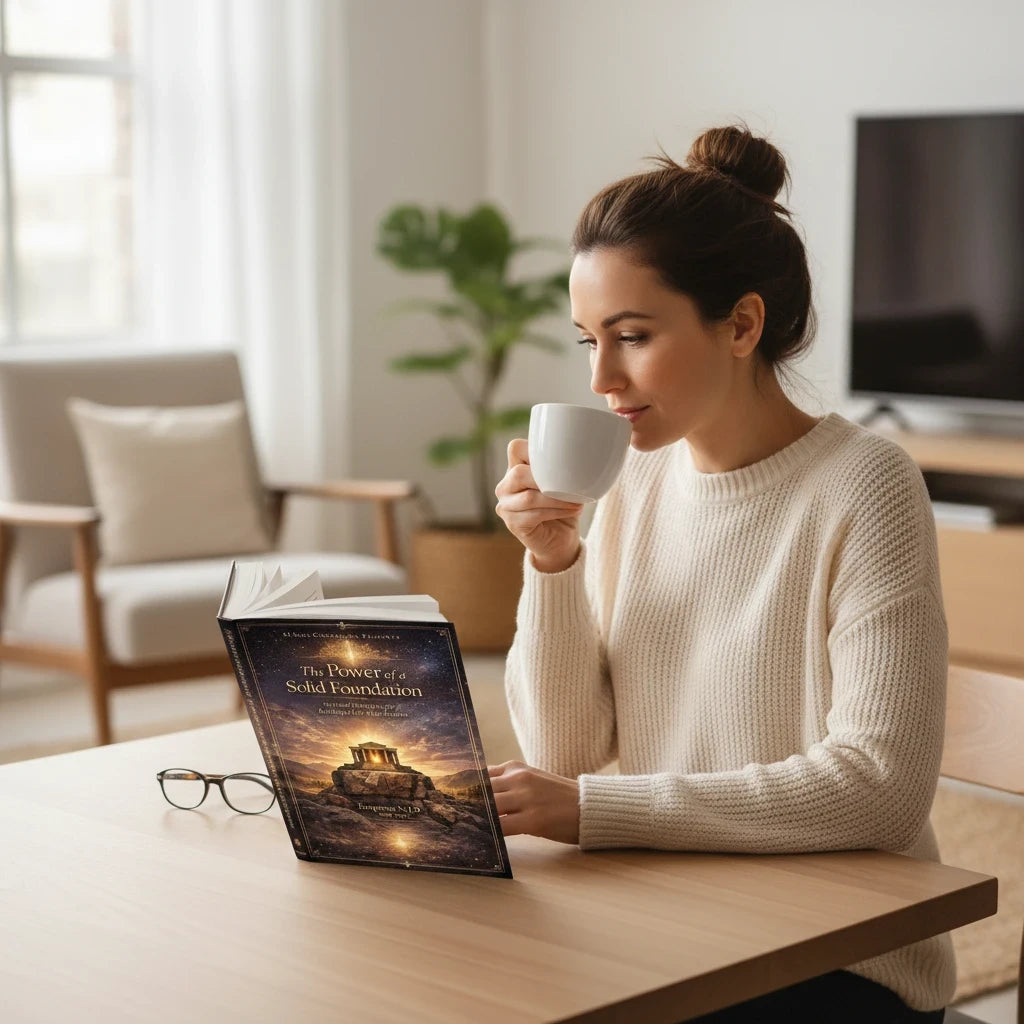 Woman in a cream sweater reading The Power of a Solid Foundation book by Sovereign Soul .Store while drinking coffee