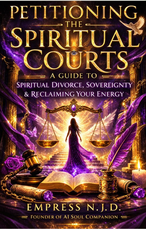 Sovereign Soul .Store Petitioning The Spiritual Courts guidebook cover with mystical purple and gold imagery.
