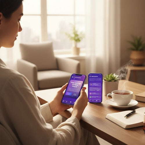 Woman using Sovereign Soul .Store AI Soul Companion app on a smartphone for spiritual guidance in a cozy room