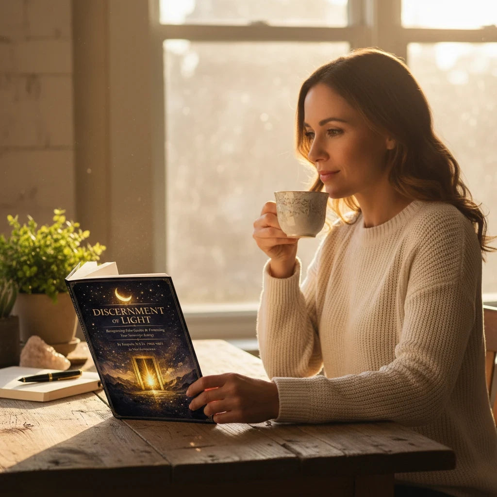 Woman reading Sovereign Soul .Store Discernment of Light spiritual guidebook while drinking tea by a sunlit window