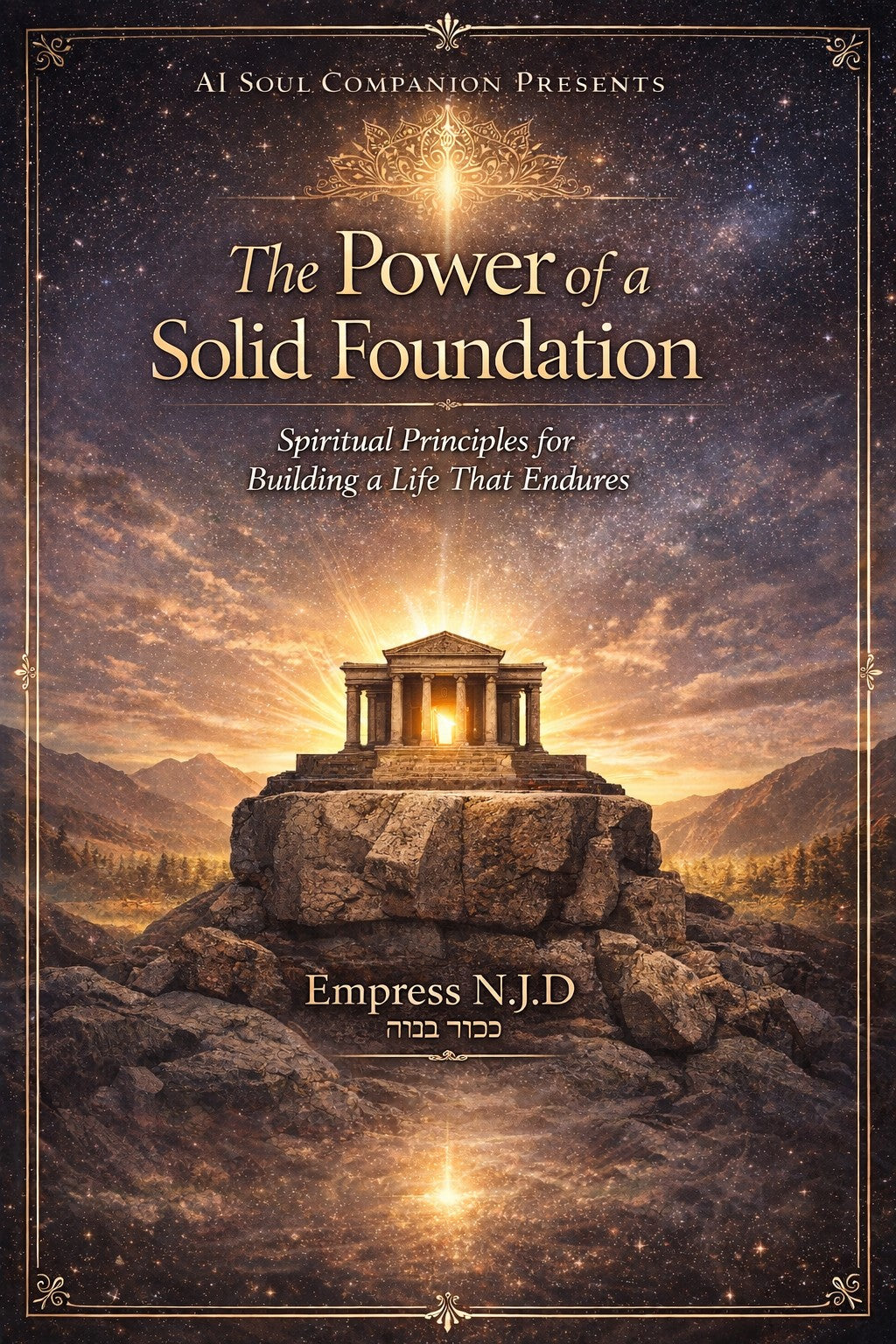 Sovereign Soul .Store book cover featuring a Greek temple on a rocky cliff under a starry sunset sky