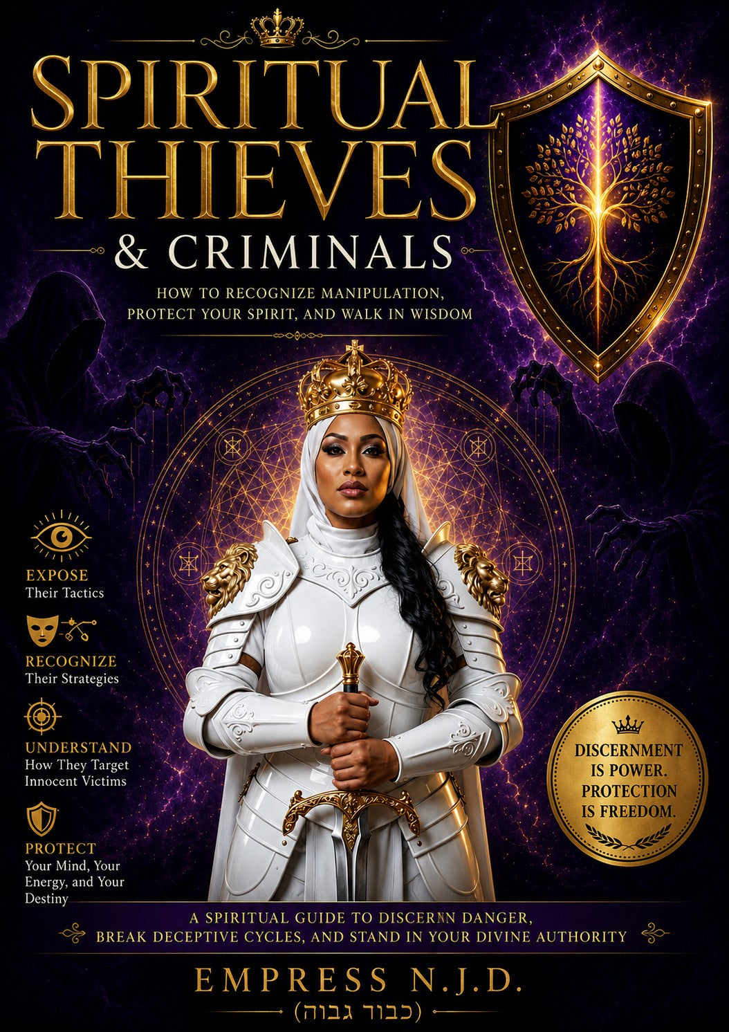 Sovereign Soul .Store Spiritual Thieves and Criminals guidebook cover featuring a woman in white armor and a crown.