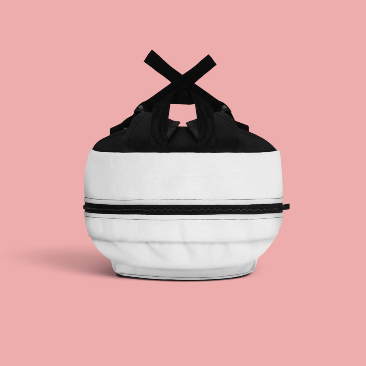 Sovereign Soul .Store white and black everyday backpack with a top-down view on a soft pink background.