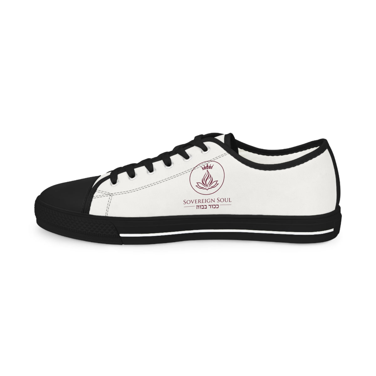 Sovereign Soul .Store white canvas low-top sneakers with black trim, rubber toe cap, and branded side emblem.
