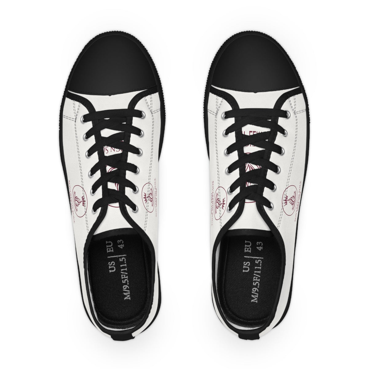 Sovereign Soul .Store white canvas low-top sneakers with black trim, black laces, and a small red emblem detail.