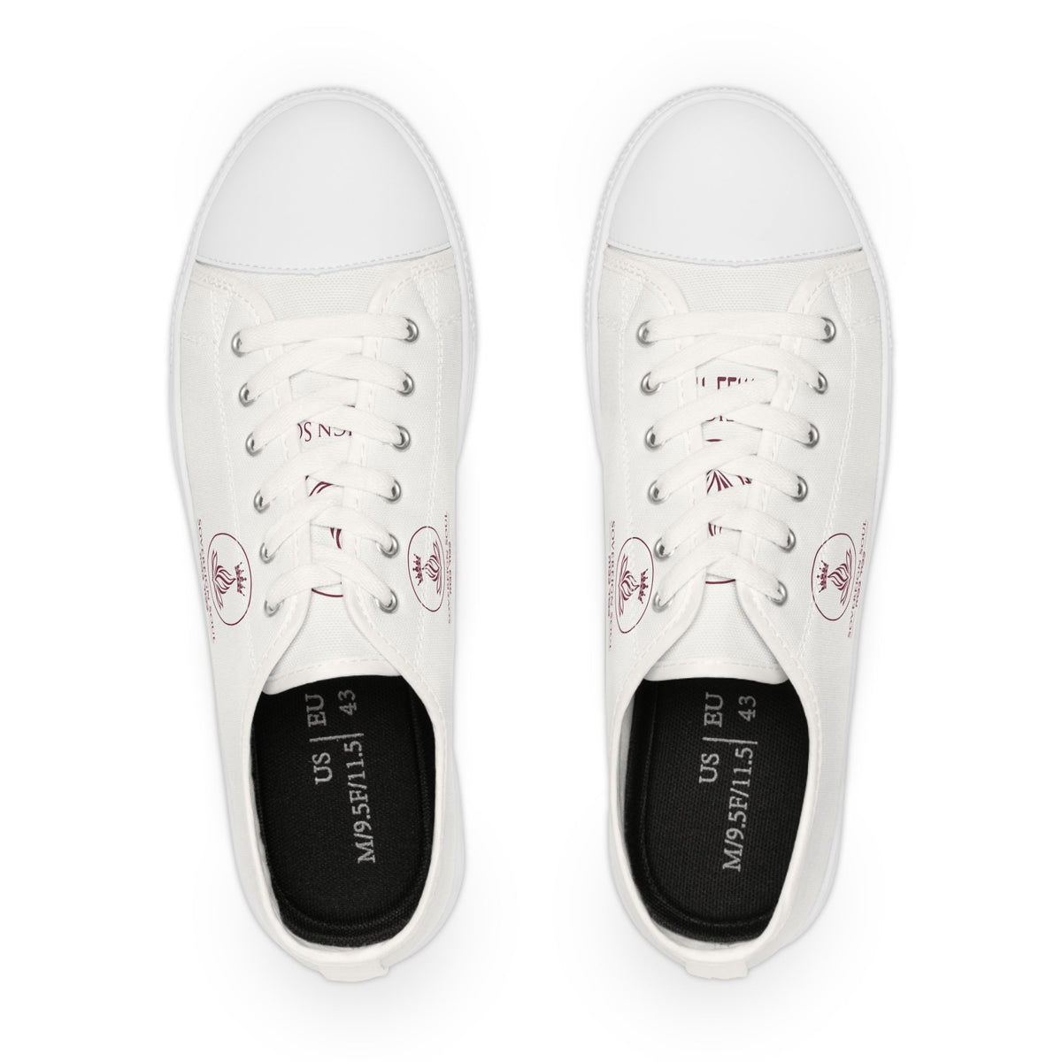Sovereign Soul .Store white canvas low-top sneakers with silver eyelets and a small red emblem, top-down view.