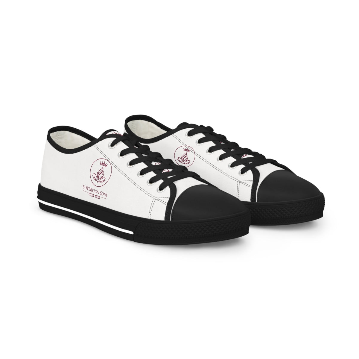 Sovereign Soul .Store white canvas low-top sneakers with black trim, rubber toe caps, and a small logo emblem.