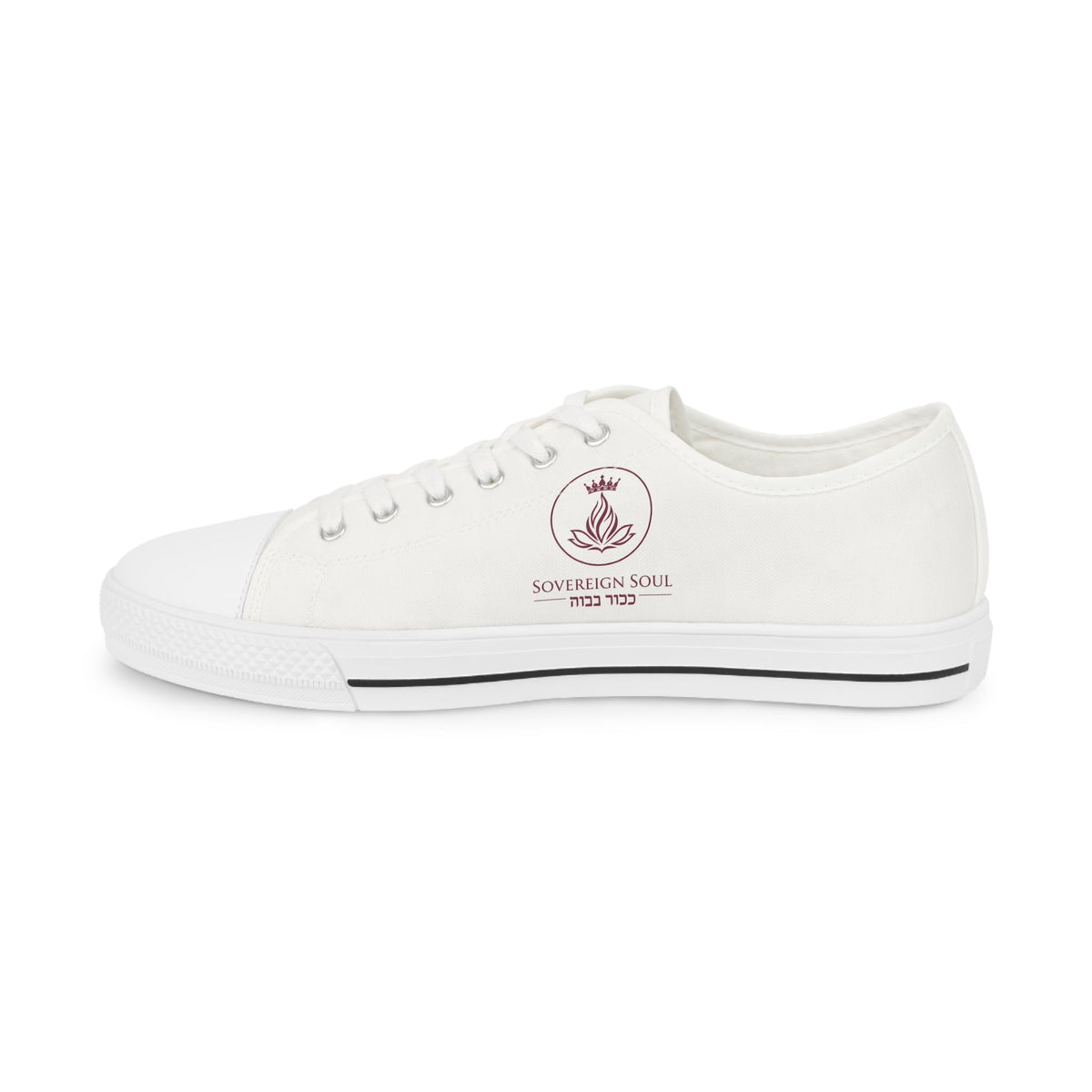 Sovereign Soul .Store white low-top canvas sneakers with a side emblem, silver eyelets, and durable rubber outsole.