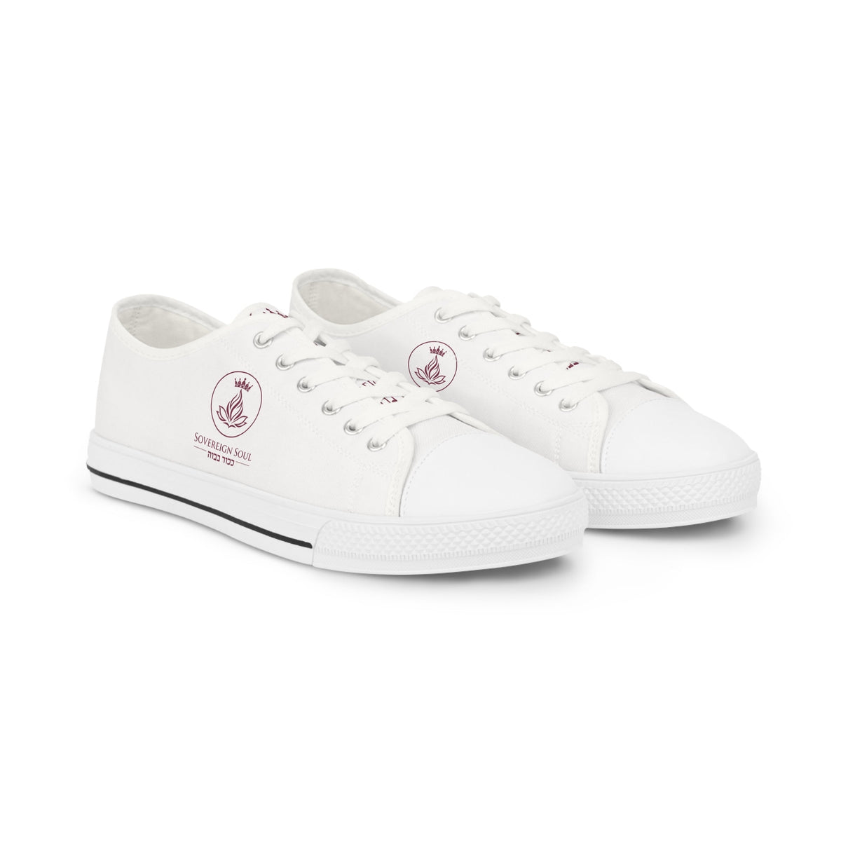 Sovereign Soul .Store white canvas low-top sneakers with a small maroon emblem on the side and silver metal eyelets.