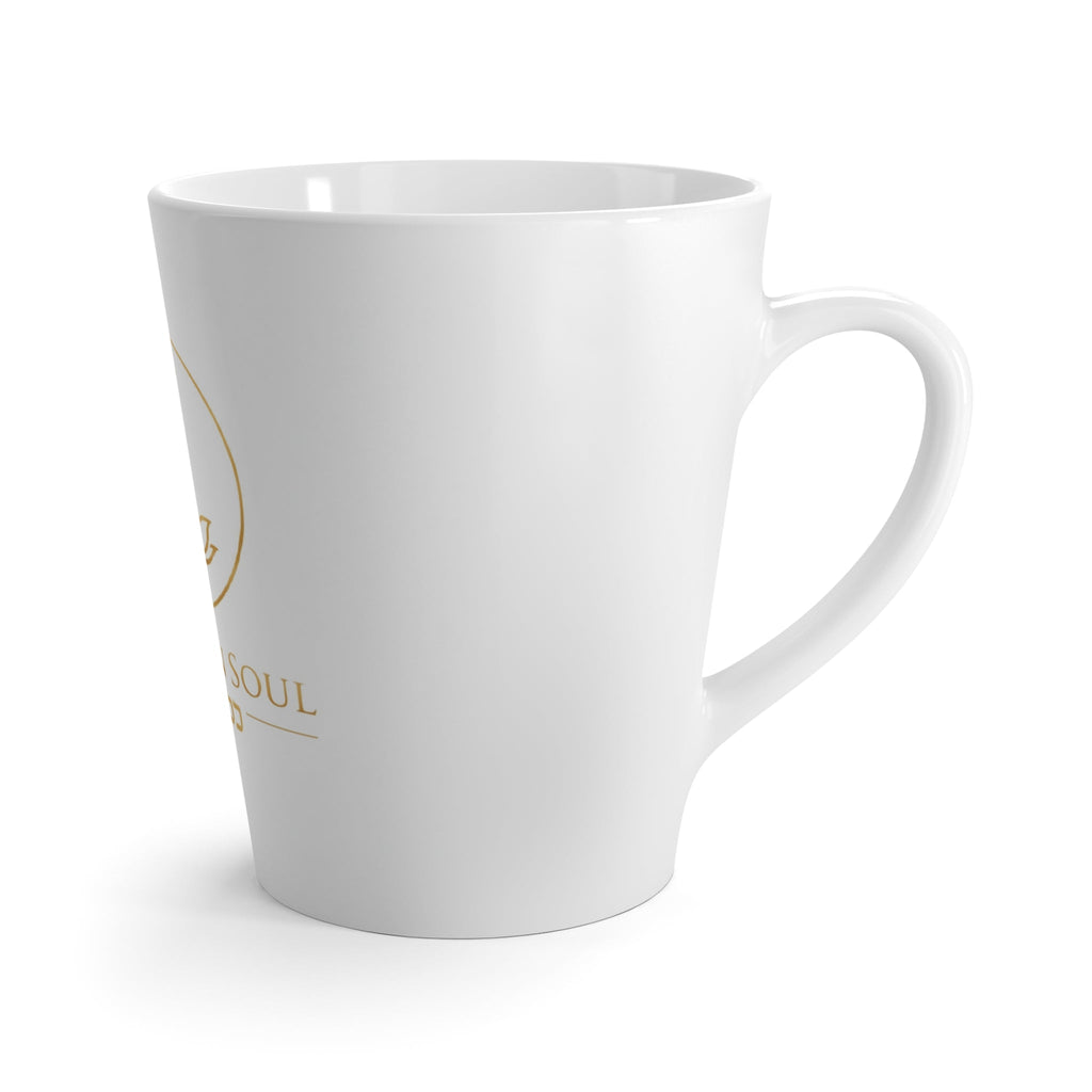 Sovereign Soul .Store white ceramic latte mug with a gold crown and flame logo and elegant Hebrew text.