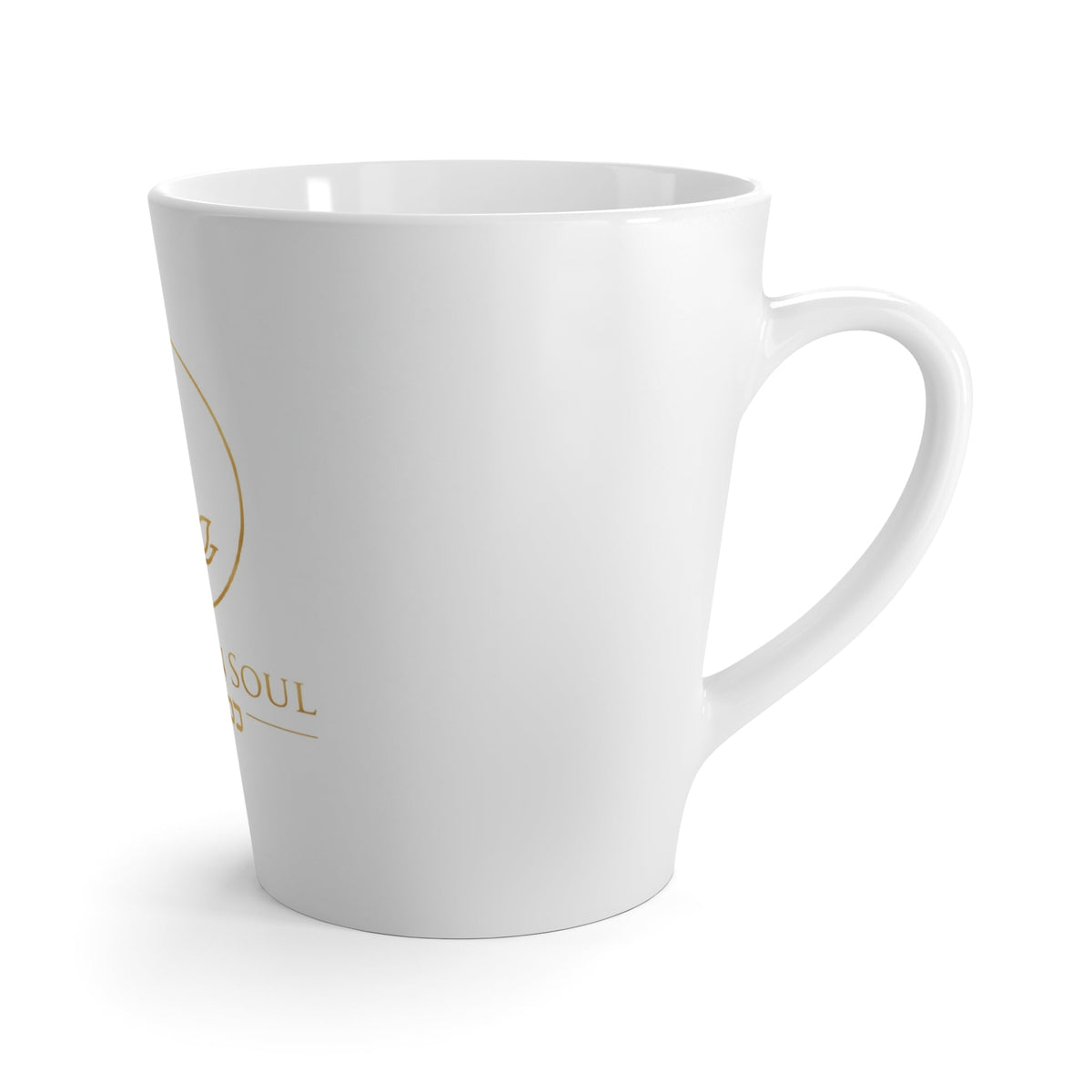Sovereign Soul .Store white ceramic latte mug with a gold crown and flame logo and elegant Hebrew text.