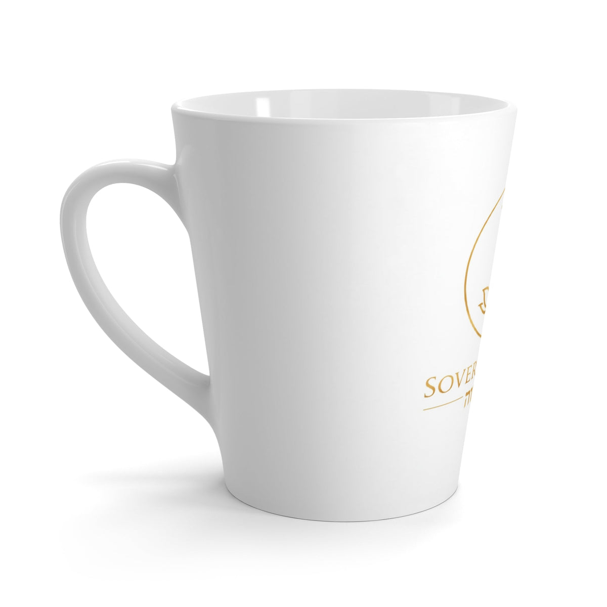 Sovereign Soul .Store white ceramic latte mug featuring a gold crown and flame logo with elegant Hebrew text