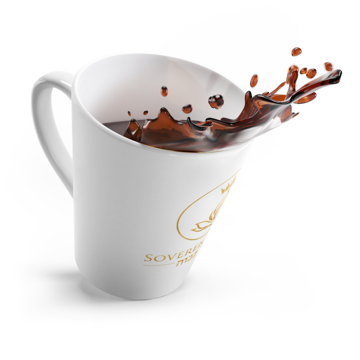 Sovereign Soul .Store white ceramic latte mug with gold logo and coffee splashing out on a white background