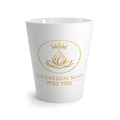 Sovereign Soul .Store white ceramic latte mug featuring a gold crown and flame logo with elegant Hebrew text.