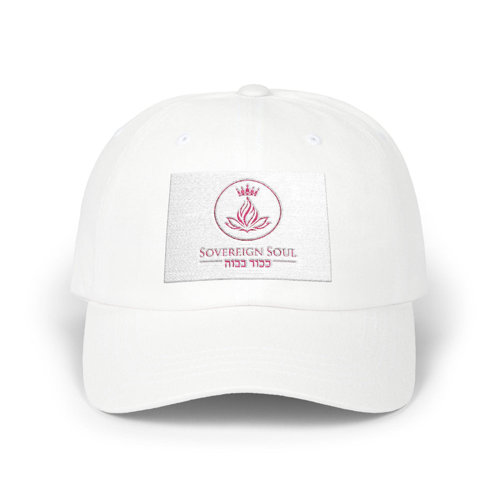 Sovereign Soul .Store white cotton dad cap with unstructured low-profile fit and embroidered logo patch
