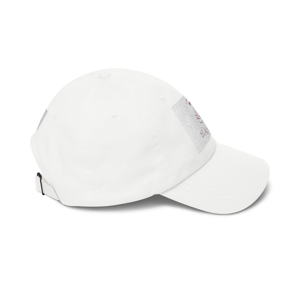 Sovereign Soul .Store white cotton dad cap with unstructured low-profile fit and antique brass buckle closure