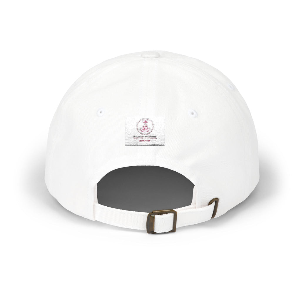Sovereign Soul .Store white cotton dad cap back view featuring an adjustable strap with an antique brass buckle.