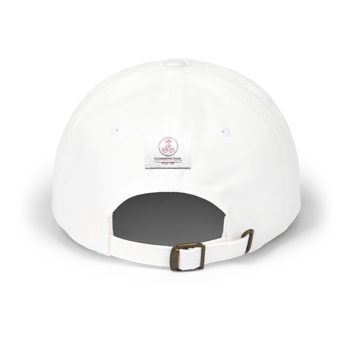 Sovereign Soul .Store white cotton dad cap back view featuring an adjustable strap with an antique brass buckle.