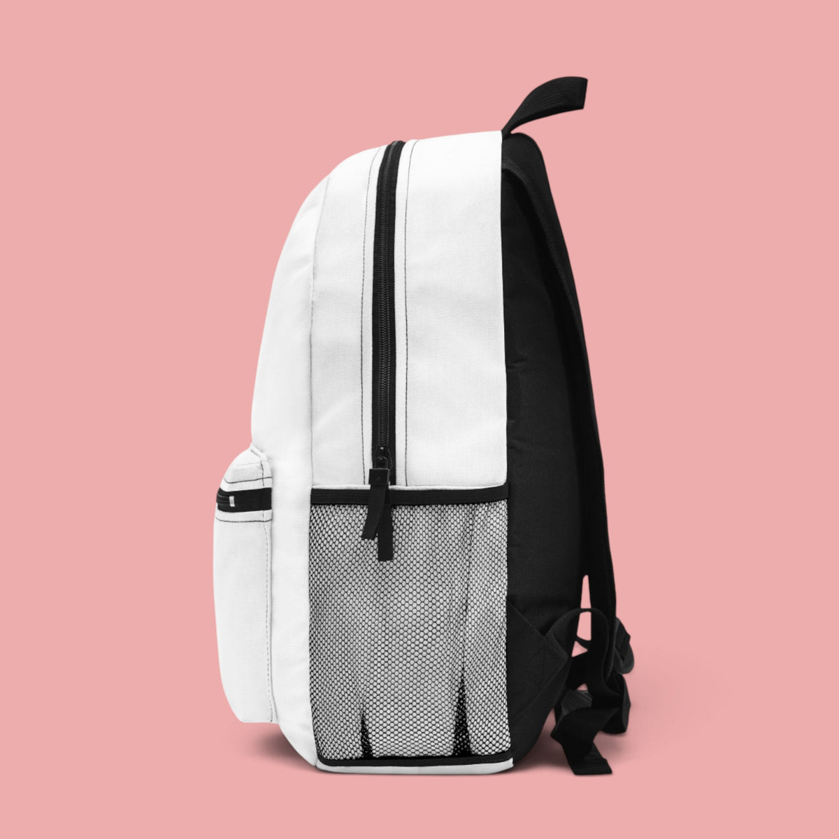 Sovereign Soul .Store white everyday backpack with black trim, side mesh pocket, and ergonomic adjustable straps.