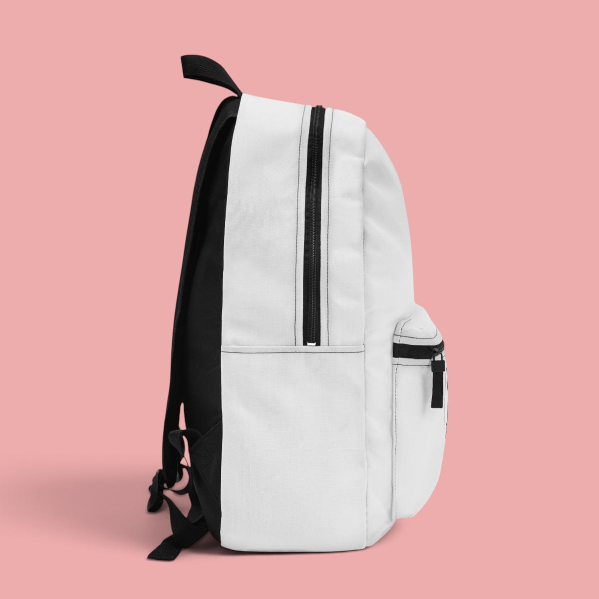 Sovereign Soul .Store white everyday backpack with black accents and side view on a soft pink background