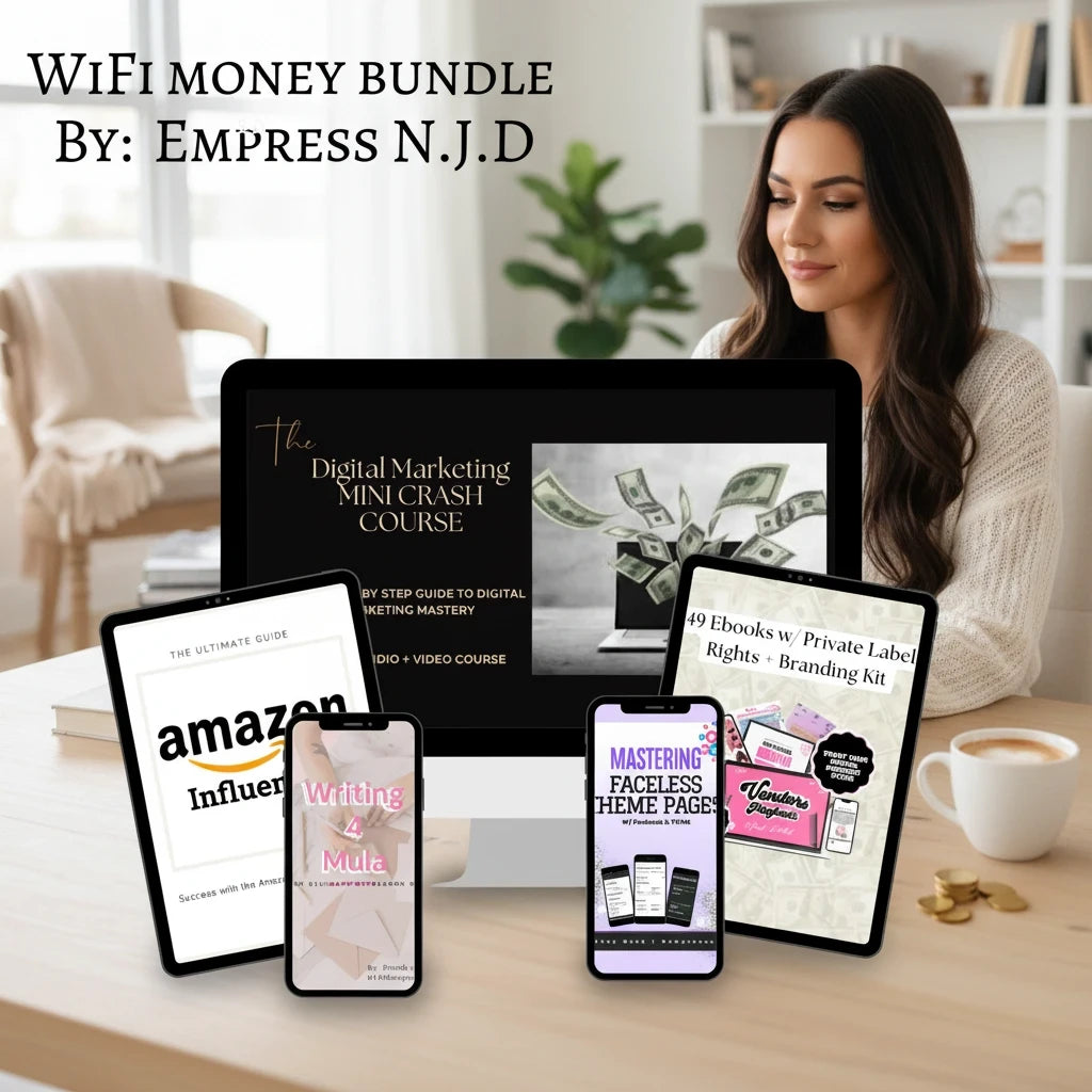 Sovereign Soul .Store WiFi Money Bundle digital marketing course collection displayed on laptop, tablets, and phone.